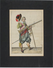 Load image into Gallery viewer, Jacques de Gheyn II. Armed Musketeer takes off his hat in a farewell gesture. Colored engraving. 1607.