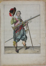 Load image into Gallery viewer, Jacques de Gheyn II. Armed Musketeer takes off his hat in a farewell gesture. Colored engraving. 1607.