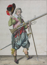Load image into Gallery viewer, Jacques de Gheyn II. Armed Musketeer takes off his hat in a farewell gesture. Colored engraving. 1607.