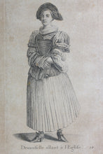 Load image into Gallery viewer, Johann Rudolf Huber, after. Demoiselle allant à l'Église. Engraved by Johann Rudolf Schellenberg. Basel, 1798.