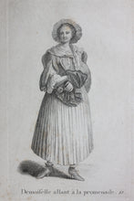 Load image into Gallery viewer, Johann Rudolf Huber, after. Demoiselle allant a la promenade. Engraved by Johann Rudolf Schellenberg. Basel, 1798.