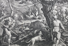 Load image into Gallery viewer, Jan van der Straet, after. Bear Hunt with Nets. Engraving by Philip Galle. C. 1578.