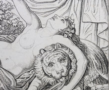 Load image into Gallery viewer, Maenad leaning on lion. Engraving. 18th to early 19th century.