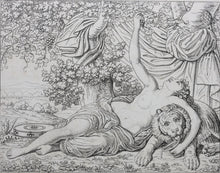 Load image into Gallery viewer, Maenad leaning on lion. Engraving. 18th to early 19th century.