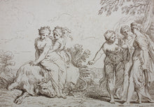 Load image into Gallery viewer, Simon da Pesero, after. A woman helping Europa to climb on the bull. Etching by Giuseppe Zocchi. 1764.
