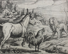 Load image into Gallery viewer, Francis Barlow. XLVI. The Lion, Ass, and Cock. From Aesop's Fables. Etching. 1666.