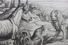 Load image into Gallery viewer, Francis Barlow. XLVI. The Lion, Ass, and Cock. From Aesop's Fables. Etching. 1666.