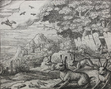Load image into Gallery viewer, Francis Barlow. XLI. The Hares and Storm. From Aesop's Fables. Etching. 1666.