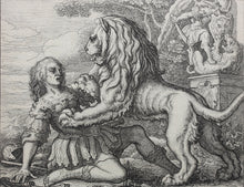 Load image into Gallery viewer, Francis Barlow. CV. The Forrester and Lion. From Aesop's Fables. Etching. 1666.