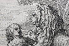 Load image into Gallery viewer, Francis Barlow. CV. The Forrester and Lion. From Aesop's Fables. Etching. 1666.