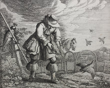 Load image into Gallery viewer, Francis Barlow. XC. The Fowler and Partridge. From Aesop's Fables. Etching. 1666.