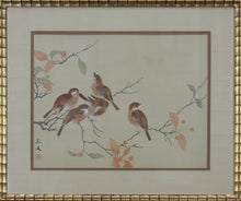 Load image into Gallery viewer, Birds in Yellow Sky. A pair of vintage Chinese woodblock prints. Late 20th c.