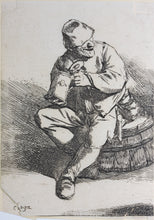 Load image into Gallery viewer, Cornelis Bega. A man sitting on an upturned tub. Etching. 1620-1664.