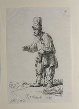Load image into Gallery viewer, Rembrandt, after. A peasant in a high cap, standing leaning on a stick. Etching by Francis Vivares. 1724-1780.