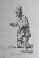 Load image into Gallery viewer, Rembrandt, after. A peasant in a high cap, standing leaning on a stick. Etching by Francis Vivares. 1724-1780.