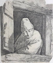 Load image into Gallery viewer, Cornelis Bega. A man in a tall cap leaning on a window ledge. Etching. 1620-1664.