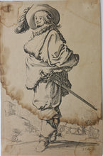 Load image into Gallery viewer, Jacques Callot. Standing man, turned to left, wearing plumed hat, ruff, and boots. Etching. c. 1620-1623