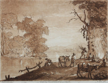 Load image into Gallery viewer, Claude Lorrain, after. A Landscape by Moonlight, with Peasants lighting a Fire. Etching by Richard Earlom. 1774.