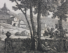 Load image into Gallery viewer, Jan Frans van Bloemen (Orizzonte), after. Italianate landscape with portico and church. Engraved by R. L. M. Béguyer de Chancourtois. Late 18th Century.