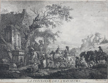 Load image into Gallery viewer, Philips Wouwerman, after. The Fountain of the Hunters. Etching by Jean Moyreau. 1733 - 1734.