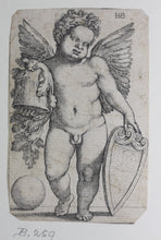 Load image into Gallery viewer, Sebald Beham. Genius holding a coat of arms. Engraving. c.1535.
