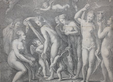 Load image into Gallery viewer, Perino del Vaga, after. The Three Goddesses Preparing for the Judgment of Paris. Engraving by Philippe Simonneau. 1729-1740.
