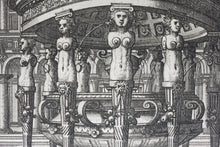 Load image into Gallery viewer, Hans Vredeman de Vries, after. Courtyard with a round fountain. Etching by Johannes of Lucas van Doetechum. c. 1600.