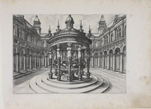 Load image into Gallery viewer, Hans Vredeman de Vries, after. Courtyard with a round fountain. Etching by Johannes of Lucas van Doetechum. c. 1600.