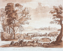 Load image into Gallery viewer, Claude Lorrain, after. Coast Scene with the Battle on the Bridge. Etching by Richard Earlom. 1776.
