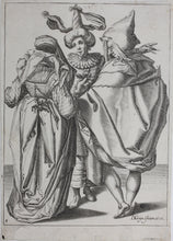 Load image into Gallery viewer, Jacques de Gheyn II. A Woman Dressed Festively, A Man In A Cape And A Masked Man. Engraving. 1595-1596.