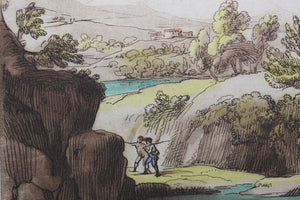 Claude Lorrain, after. A View of a mountainous and rocky Country. Etching by Richard Earlom. Hand-colored. 1775.