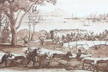 Load image into Gallery viewer, Claude Lorrain, after. Coast Scene with the Battle on the Bridge. Etching by Richard Earlom. 1776.