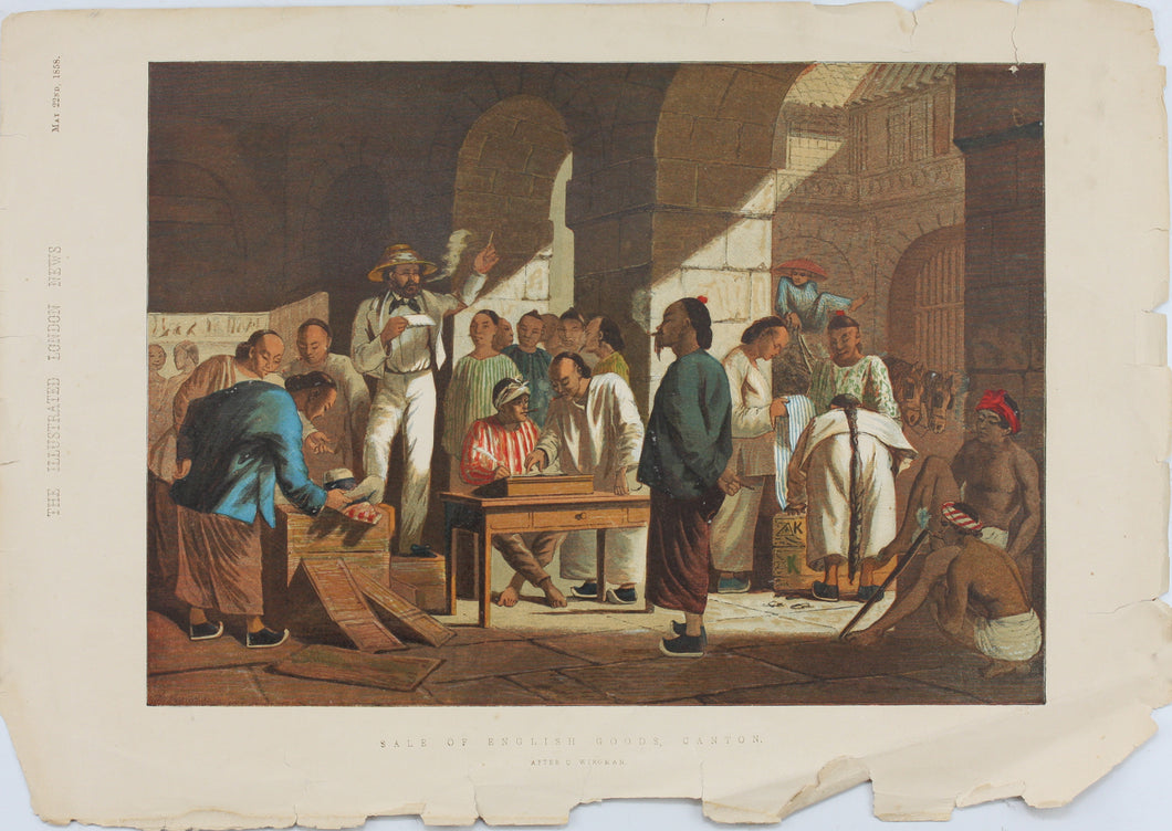 Charles Wirgman, after. Sale of English Goods, Canton. Color woodblock print. 1858.