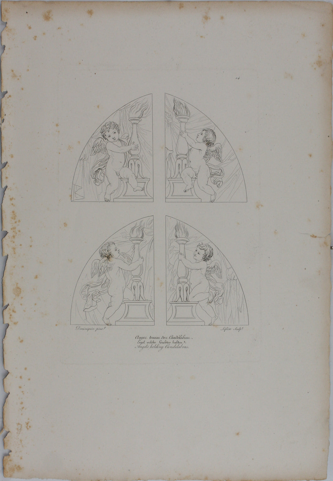 Dominiquino, after. Angels holding Candelabras. Line engraving by Lefèvre. 1804.