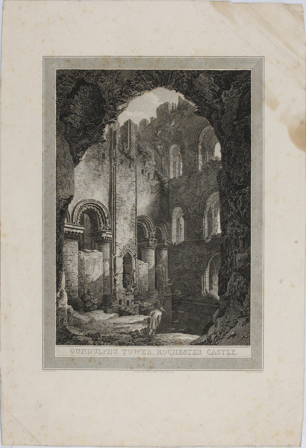 Thomas Hearne, after. Gundulph's Tower, Rochester Castle. Etching by John Landseer. 1794.