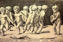 Load image into Gallery viewer, Raphael, after. Ten children dancing to a bagpipe. Engraving by Georges Reverdy. 1550.
