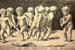 Raphael, after. Ten children dancing to a bagpipe. Engraving by Georges Reverdy. 1550.