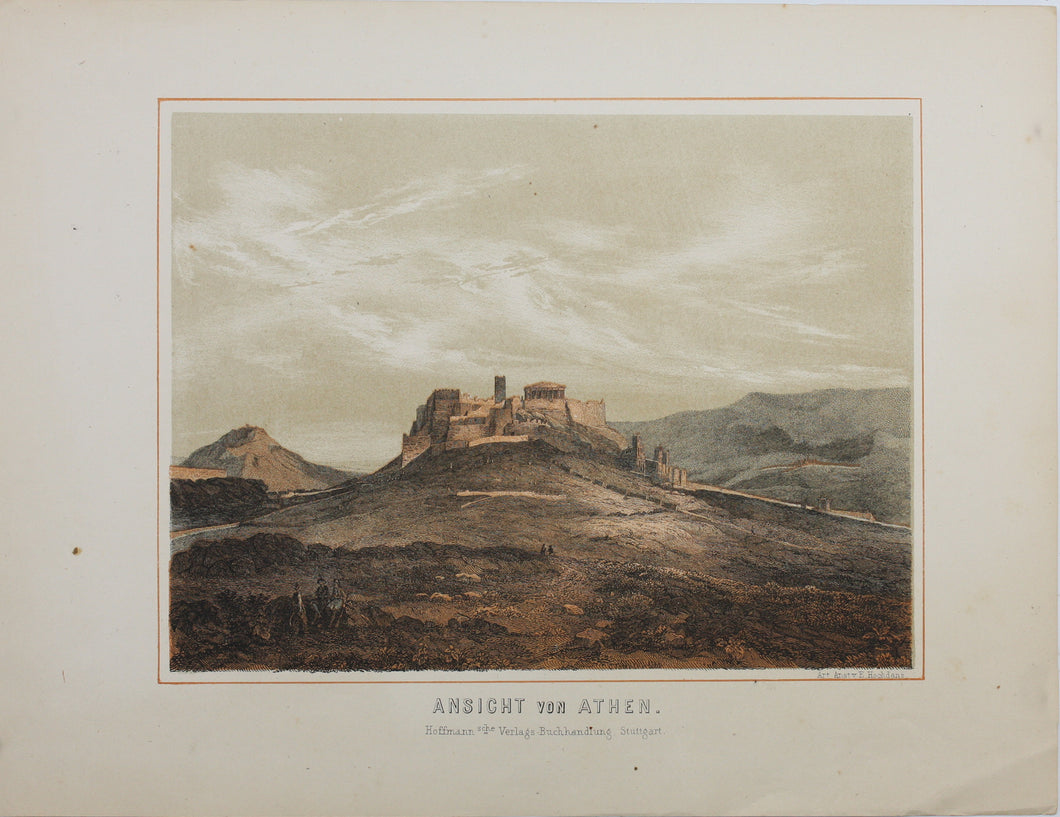 Carl Votteler, after. Temple of Jupiter in Athens (Olympieion). View of Athens. Lysikrates Monument. Three lithographies. Late XIX C.