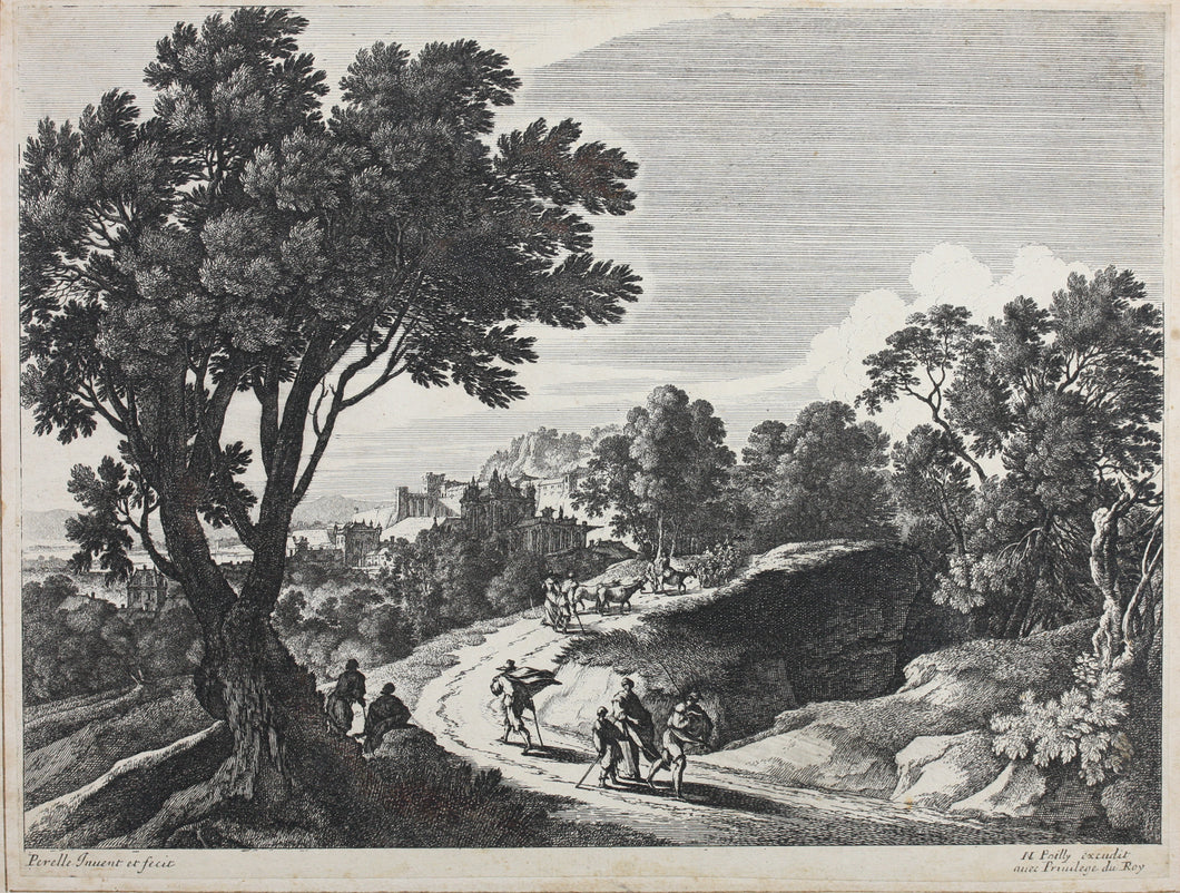 Gabriel Perelle. Italianate landscape with figures. Etching. 1620-1695.