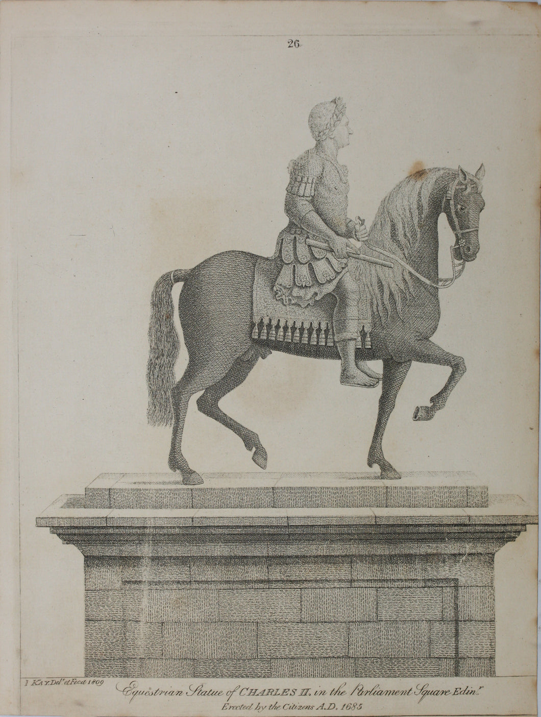 John Kay. Statue of King Charles II in the Parliament Square, Edinburgh. Etching. 1809.