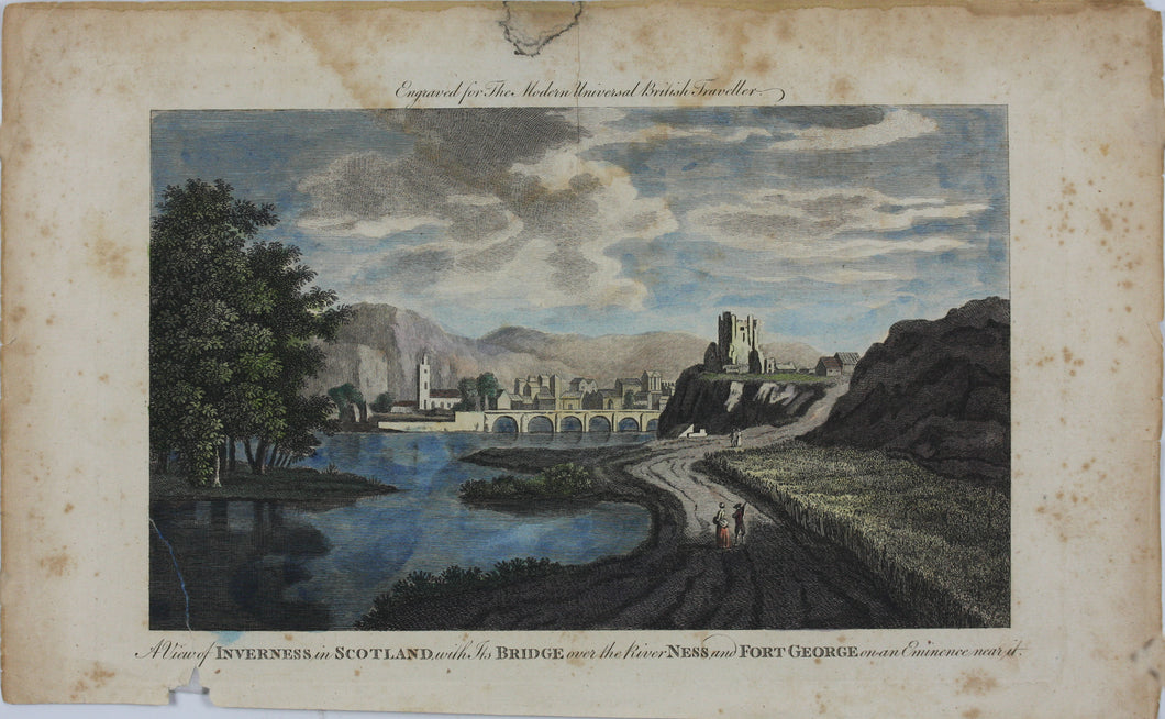 A view of Inverness in Scotland. Hand colored etching. 1779.