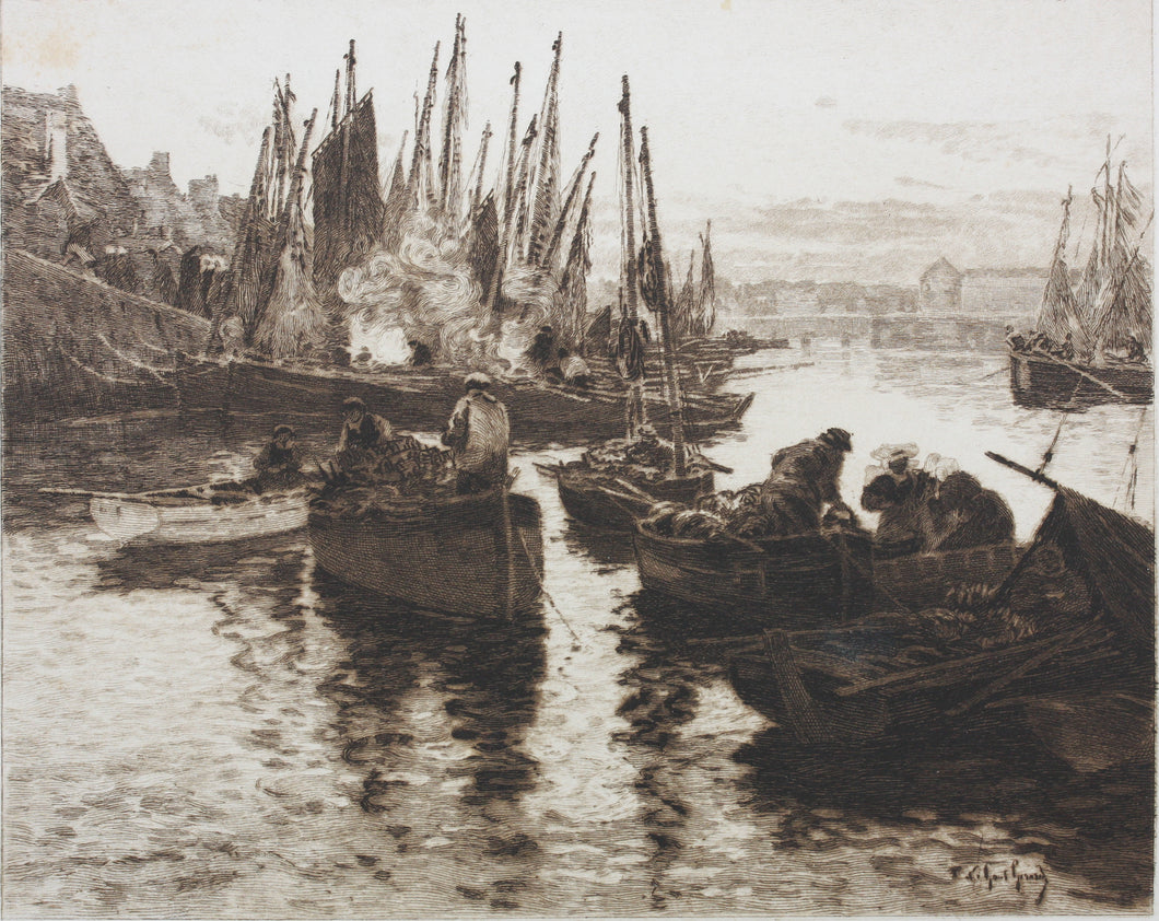 Fernand Legout-Gérard, after. Fishermen in Harbour, Brittany. Etching by Georges Félix Garen. Late XIX-Early XX C.