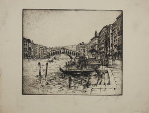 Sigmund  Lee Wolffs. Rialto Bridge Venice. Etching on laid paper. Mid XX C. Available in six variants.