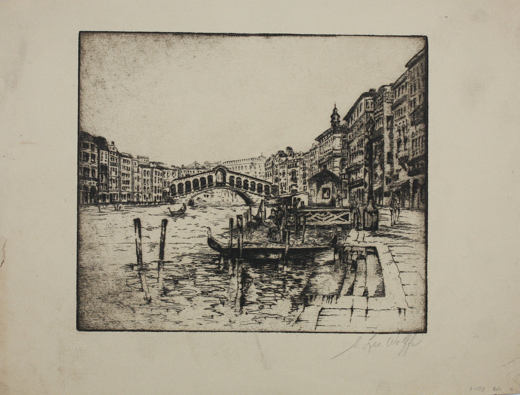 Sigmund  Lee Wolffs. Rialto Bridge Venice. Etching on laid paper. Mid XX C. Available in six variants.