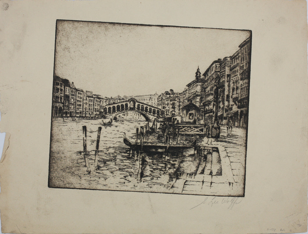 Sigmund  Lee Wolffs. Rialto Bridge Venice. Etching on laid paper. Mid XX C.
