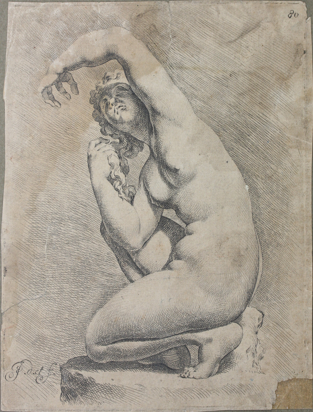 Jan de Bisschop. Statue of a crouching Aphrodite. Etching. C. 1670.