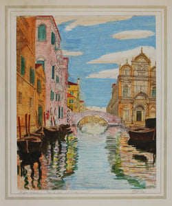 Anonymous. Ponte del Cavallo and Scuola Grande di San Marco. Etching, hand colored. Late XX C.