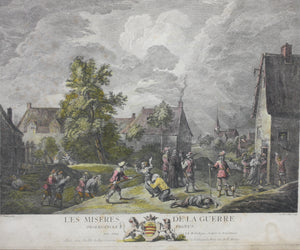 David Teniers the Younger, after. The miseries of war. Color etching by Jacques Philippe Le Bas. 1735-1783.