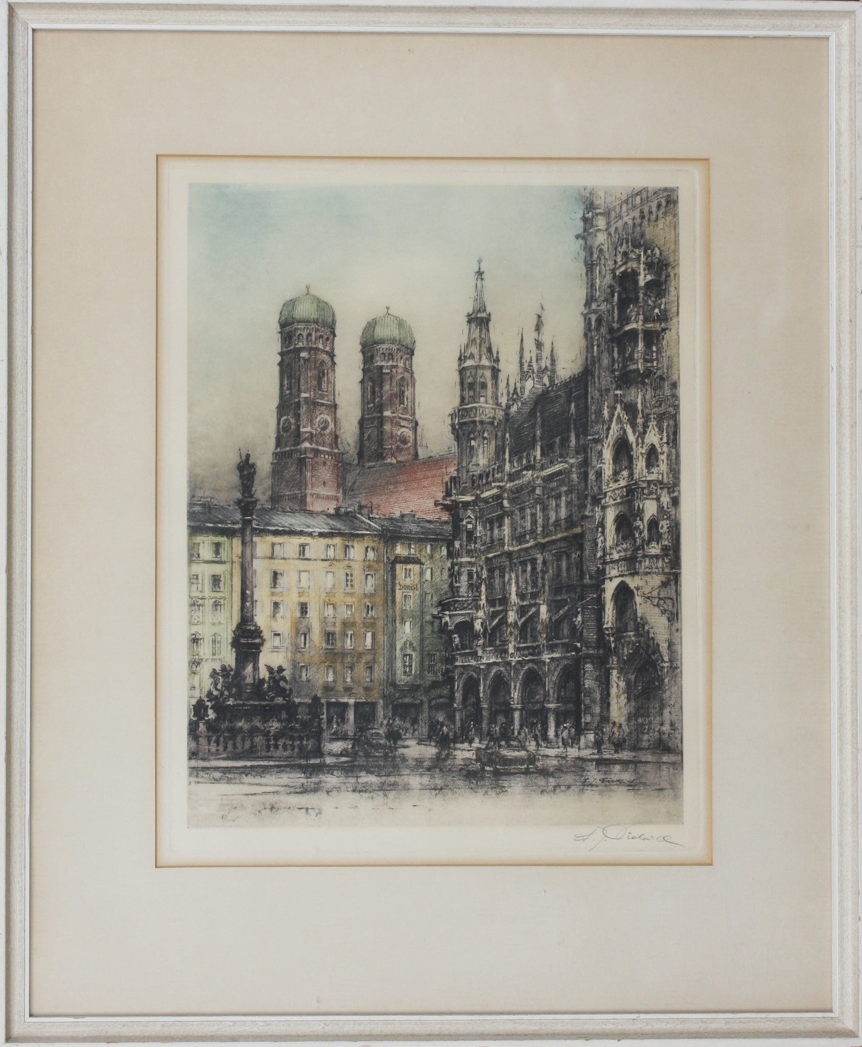 Fred Joachim Dietrich. View of Frauenkirche in Munich. Color