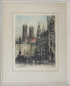 Fred Joachim Dietrich. View of Frauenkirche in Munich. Color engraving. 1960th.